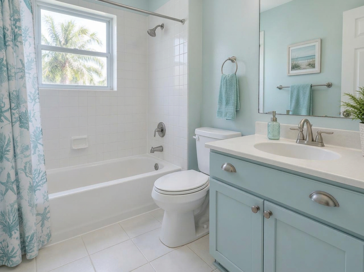 Refreshed guest bathroom with clean caulk, grout, and coordinated hardware