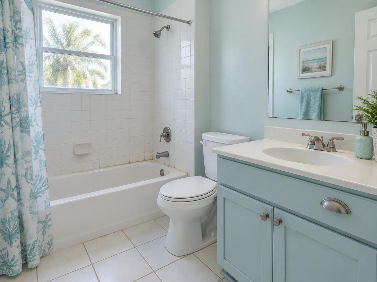 Guest bathroom with worn tub caulk and dated vanity hardware before service
