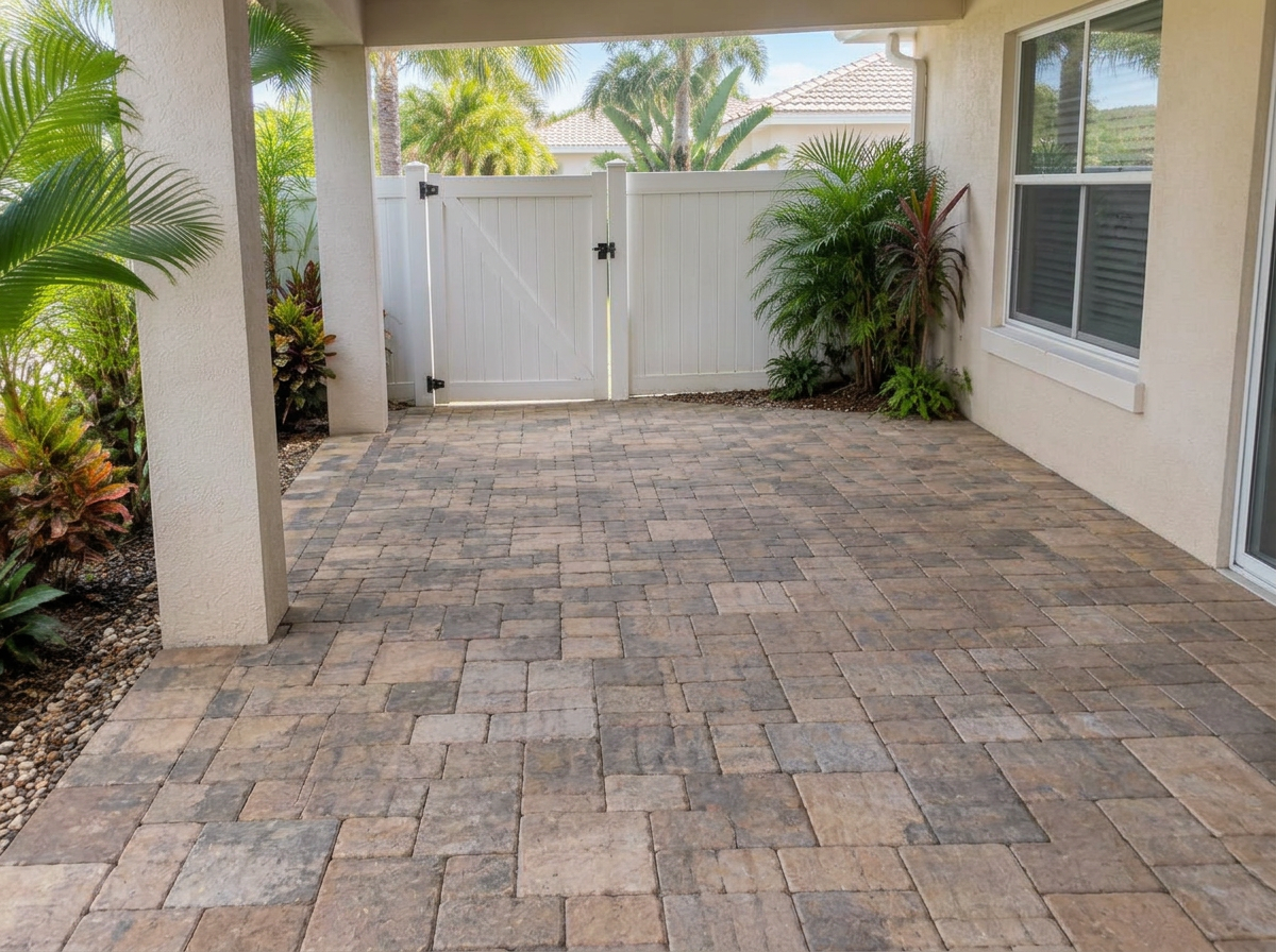 Clean South Florida paver patio and aligned gate after exterior maintenance