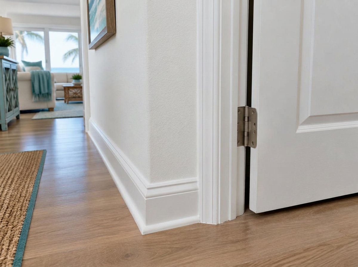 Repaired drywall, restored baseboard, and aligned interior door after service