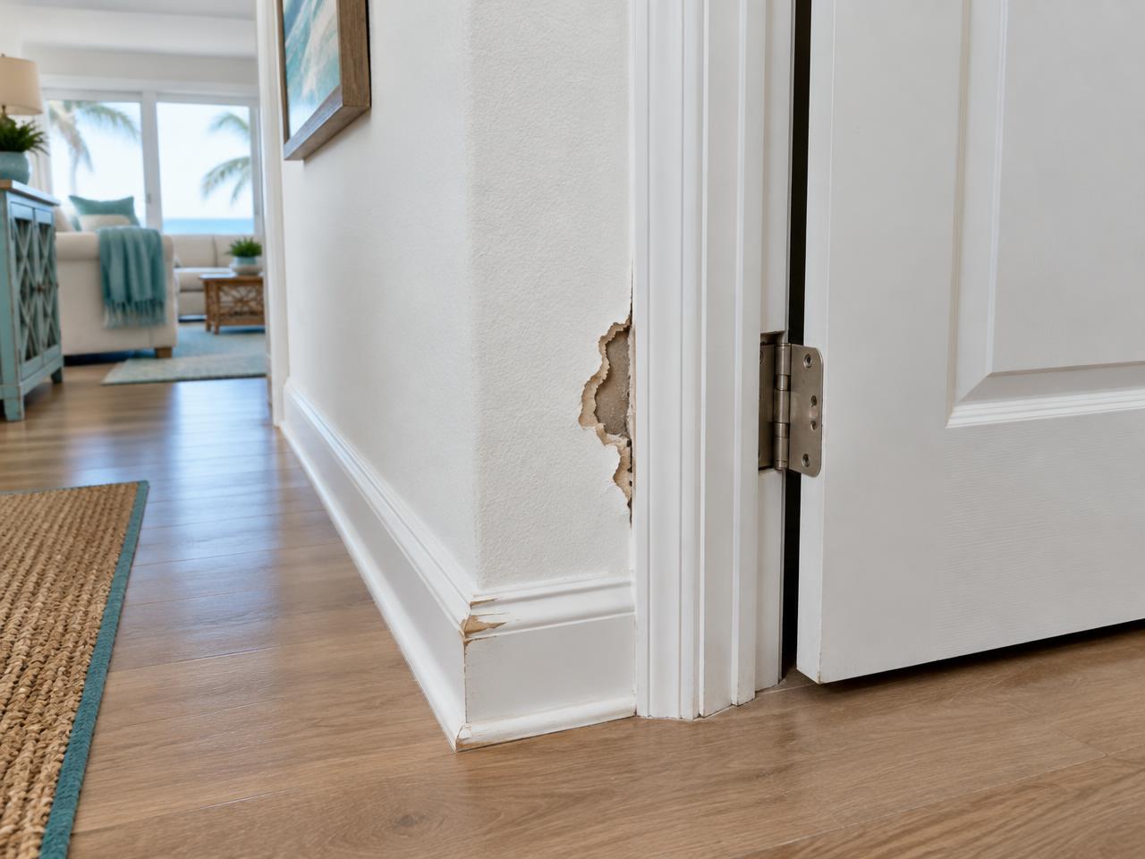 Damaged drywall and chipped baseboard beside an interior door before repair